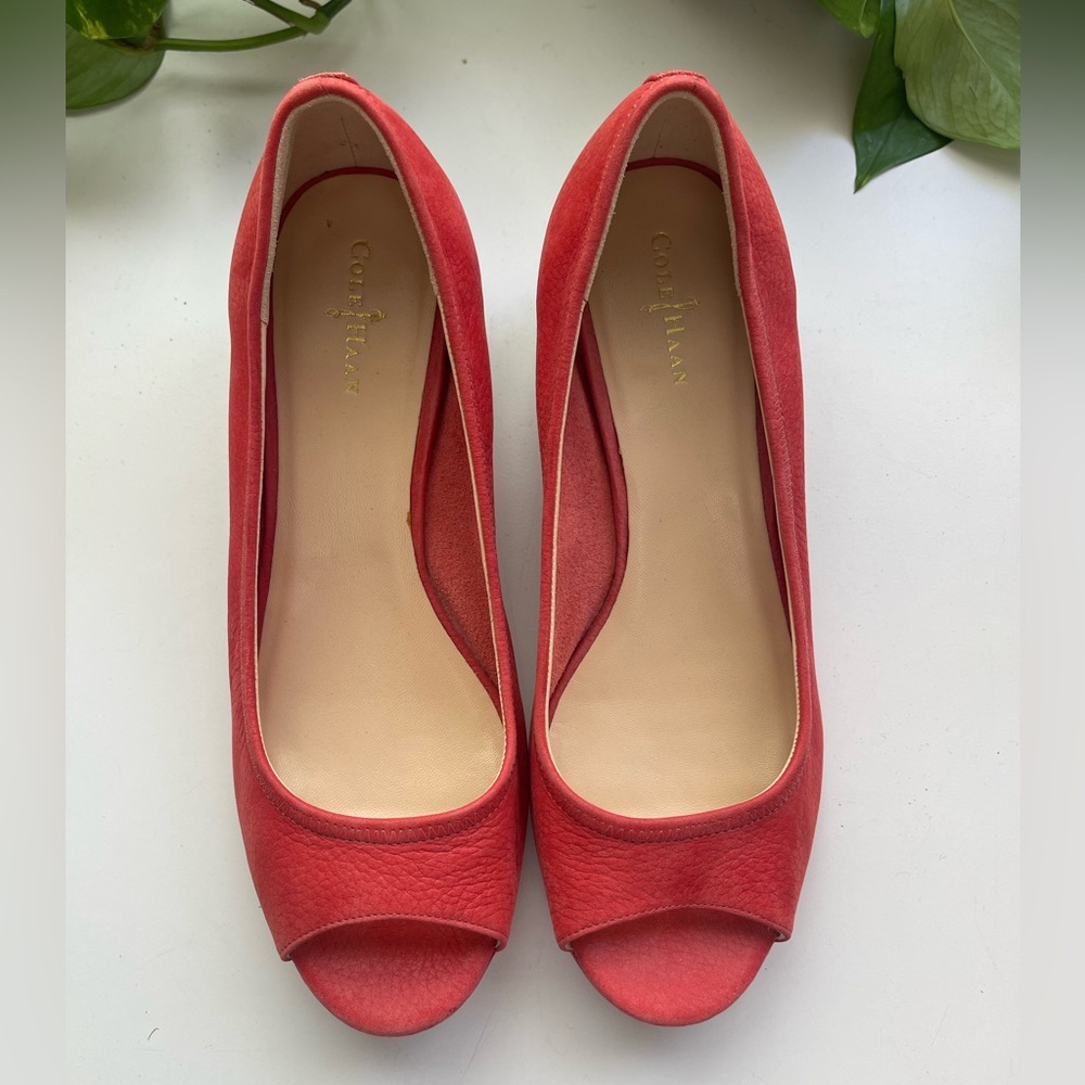 Cole Haan Women's Red Peep Toe Wedge Heel Shoes - Red